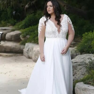 Plus size lace beach boho long sleeve wedding dress bridal gown