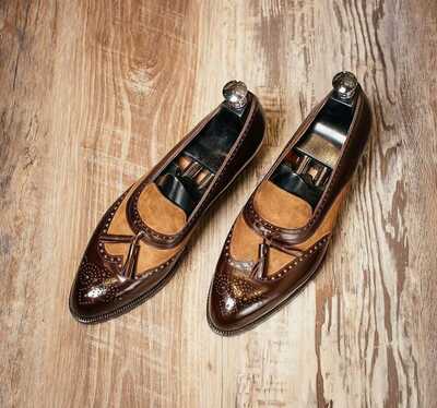 New Edition Handmade Brown Contrast Wingtip Moccasin Dress Shoes