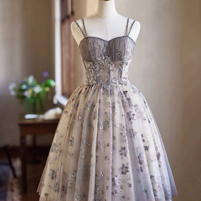 Lovely tulle sequins short prom dress, a-line spaghetti strap evening party dress - Thumbnail 2