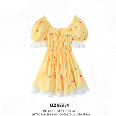 Princess dress cute lace trim puff sleeve mini dress