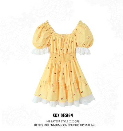 Princess Dress Cute Lace Trim Puff Sleeve Mini Dress