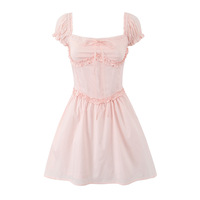 Sexy waist-hugging back strappy short dress with sweet ruffled trims and mini skirt - Thumbnail 2