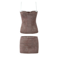 Two-piece plaid lace stitching camisole top mini hip skirt - Thumbnail 5