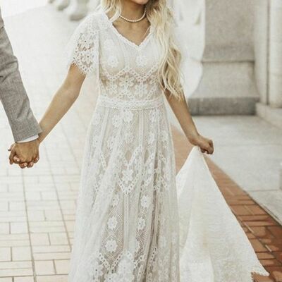 Simple ball gown lace beach boho wedding dress bridal gown