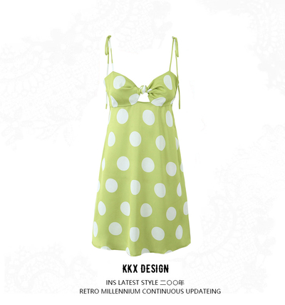 Large Polka Dot Print Suspender Dress European and American Style Sexy Backless Slim Mini Dress
