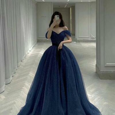 Generous off the shoulder a-line blue prom dress