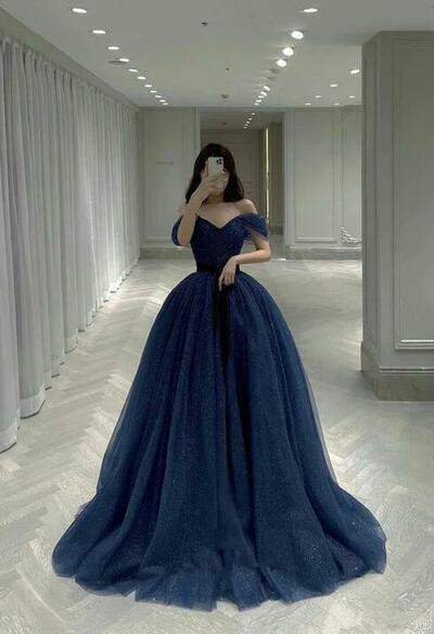 Generous Off The Shoulder A-line Blue Prom Dress