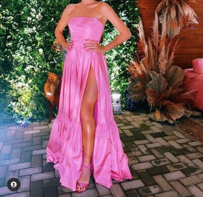 Strapless Classy Pink Satin Long Split Prom Dresses