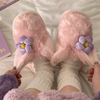 Pink Fox Plush Slippers With Ears - Thumbnail 1