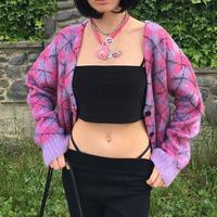 Pastel Purple Diamond Argyle Color Block Knit Sweater Cardigan - Thumbnail 4