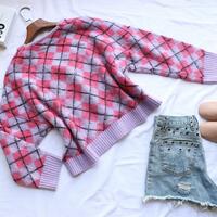 Pastel Purple Diamond Argyle Color Block Knit Sweater Cardigan - Thumbnail 5