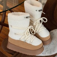 Retro Lace Up Platform Fleece Boots - Thumbnail 1
