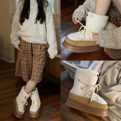 Retro lace up platform fleece boots