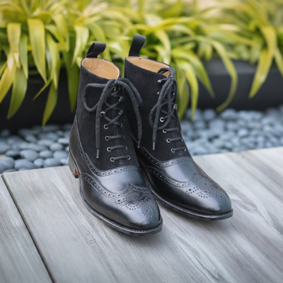 Black leather boots for men wingtips brogue boots, black dress boots
