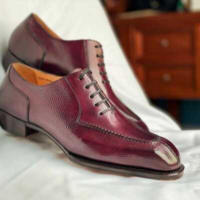 Handmade red berry leather skin formal lace up dress shoes for men's