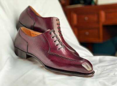 Handmade Red Berry Leather Skin Formal Lace Up Dress Shoes For Men's