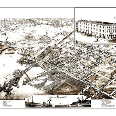 Collingwood, ontario, canada in 1875 - bird's eye view, aerial, panorama, vintage, antique, reproduction, giclée, framable, fine art, home, wall art
