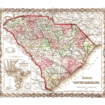 Colton's south carolina in 1865- state map, restoration, vintage, antique, fine art, wall art, history
