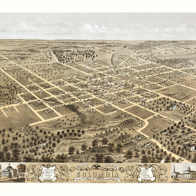 Columbia, missouri in 1869 - bird's eye view map, aerial, panorama, vintage map, antique, reproduction, giclée, fine art, wall art, history