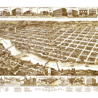 Columbus, georgia in 1886 - bird's eye view, aerial map, panorama, vintage, antique map, reproduction, giclée, fine art, wall art, history