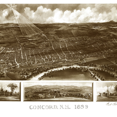 Concord, nh in 1899 - bird's eye view map, aerial, panorama, vintage, antique, reproduction, giclée, framable, fine art