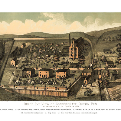 Csa prison pen, salisbury nc 1864 - bird's eye view map, aerial, panorama, vintage, antique, reproduction, giclée, framable art