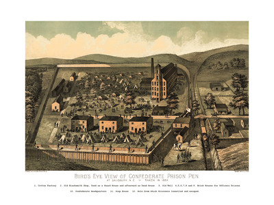 CSA Prison Pen, Salisbury NC 1864 - Bird's Eye View Map, Aerial, Panorama, Vintage, Antique, Reproduction, Giclée, Framable Art