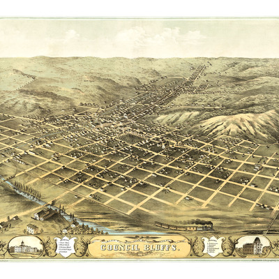 Council bluffs, iowa in 1868 - bird's eye view, aerial map, panorama, vintage, antique, reproduction, giclée, fine art, wall art, history