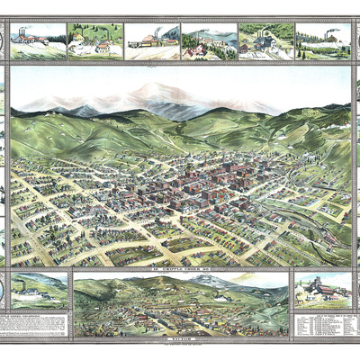 Cripple creek, colorado in 1896 - bird's eye view map, aerial map, panorama, vintage, antique map, reproduction, fine art, wall art, history