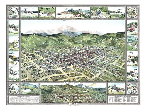 Cripple Creek, Colorado in 1896 - Bird's Eye View Map, Aerial map, Panorama, Vintage, Antique map, Reproduction, Fine Art, Wall Art, History
