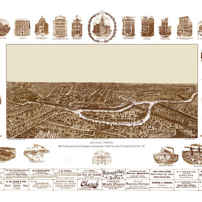 Dallas, texas in 1892 - bird's eye view, map, aerial, panorama, vintage, antique, fine art, wall art