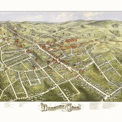 Danbury, connecticut in 1875 - bird's eye view, map, aerial, panorama, vintage, antique, reproduction, giclée, fine art, wall art, history