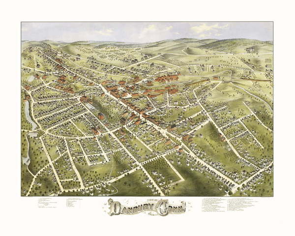 Danbury, Connecticut in 1875 - Bird's Eye View, Map, Aerial, Panorama, Vintage, Antique, Reproduction, Giclée, Fine Art, Wall Art, History