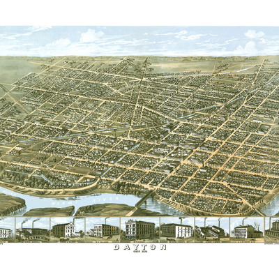 Dayton, ohio in 1870 - bird's eye view map, aerial, panorama map, vintage, antique map, reproduction, giclée, fine art, wall art, history