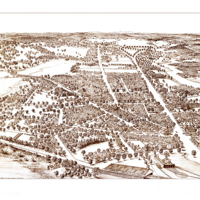 Dedham, ma in 1876 - bird's eye view map, aerial map, panorama map, vintagemap, antique map, reproduction, giclée, framable map, fine art