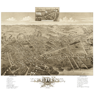 Deering, maine in 1886 - bird's eye view map, aerial, panorama, vintage, antique, reproduction, giclée, fine art, wall art