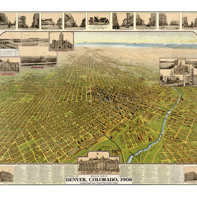 Denver, co in 1908 - bird's eye view map, aerial map, panorama, vintage, antique map, reproduction, giclée, framable map, fine art, wall art*