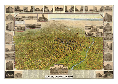 Denver, CO in 1908 - Bird's Eye View Map, Aerial map, Panorama, Vintage, Antique map, Reproduction, Giclée, Framable map, Fine Art, Wall art*