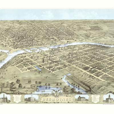 Des moines, iowa in 1868 - bird's eye view map, aerial map, panorama, vintage, antique, reproduction, giclée, fine art, wall art, history