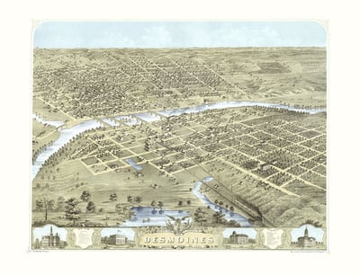 Des Moines, Iowa in 1868 - Bird's Eye View Map, Aerial map, Panorama, Vintage, Antique, Reproduction, Giclée, Fine Art, Wall Art, History