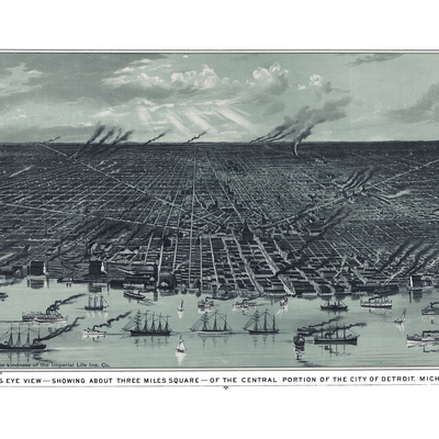 Central detroit in 1889 - bird's eye view map, aerial, panorama, vintage, antique, reproduction, giclée, framable, fine art