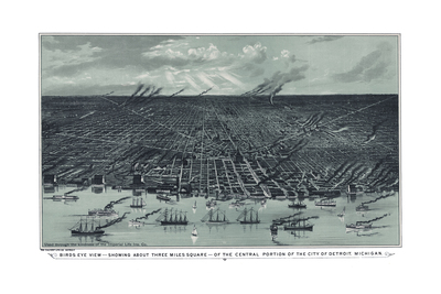 Central Detroit in 1889 - Bird's Eye View Map, Aerial, Panorama, Vintage, Antique, Reproduction, Giclée, Framable, Fine Art