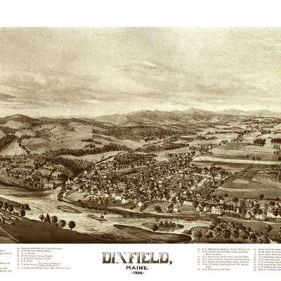 Dixfield, maine in 1896 - bird's eye view map, aerial, panorama, vintage, antique, reproduction, giclée, framable, fine art