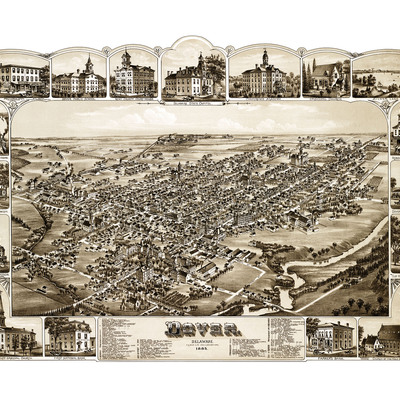 Dover, delaware in 1885 - bird's eye view, aerial, panorama, vintage, antique, reproduction, giclée, fine art, history