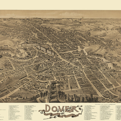 Dover, nh in 1888 - bird's eye view map, aerial, panorama, vintage, antique, reproduction, giclée, framable, fine art