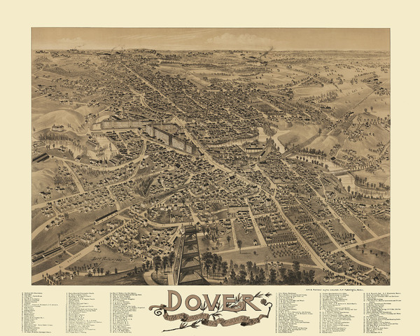 Dover, NH in 1888 - Bird's Eye View Map, Aerial, Panorama, Vintage, Antique, Reproduction, Giclée, Framable, Fine Art