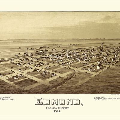Edmond, oklahoma in 1891 - bird's eye view map, aerial, panorama, vintage, antique, reproduction, giclée, fine art, wall art, history