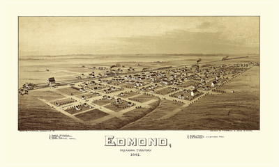 Edmond, Oklahoma in 1891 - Bird's Eye View Map, Aerial, Panorama, Vintage, Antique, Reproduction, Giclée, Fine Art, Wall Art, History