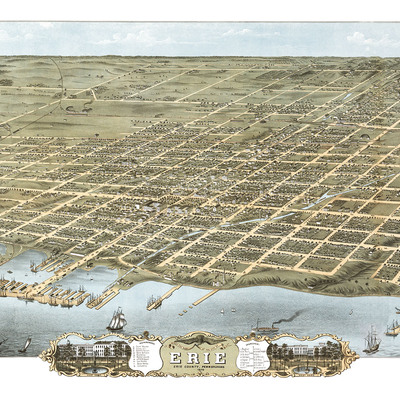 Erie, pennsylvania in 1870 - bird's eye view, map, aerial, panorama, vintage, antique, fine art, wall art, history