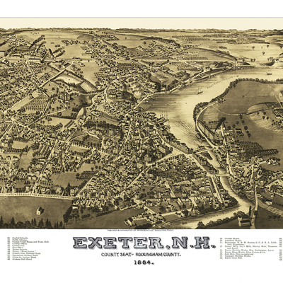 Exeter, nh in 1884 - bird's eye view map, aerial, panorama, vintage, antique, reproduction, giclée, framable, fine art